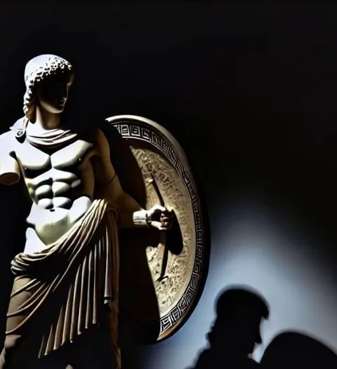 A classical marble statue with a shield, lit by a spotlight
